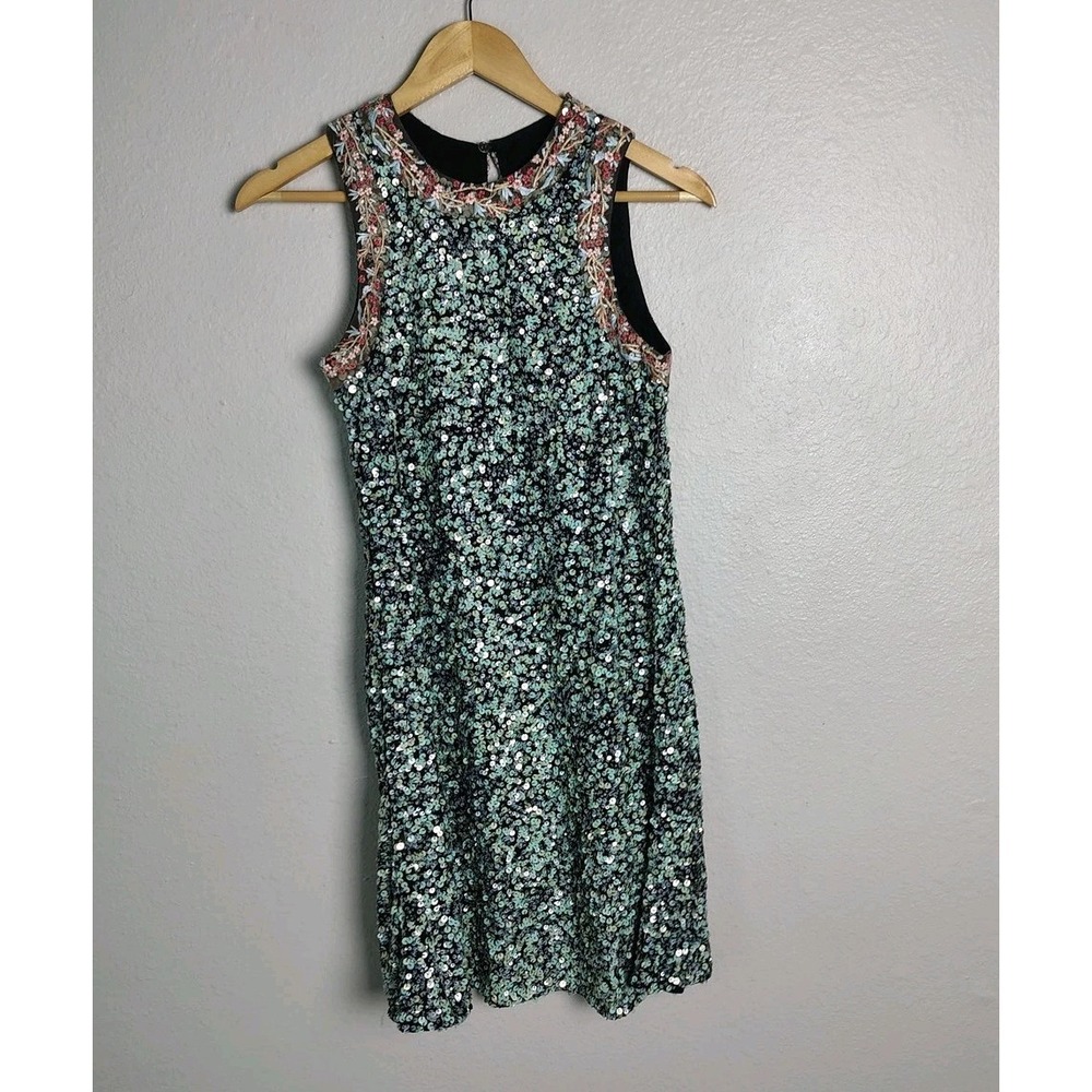 Varun Bahl Dress Womens One Size Green Sequin Embellished Sleeveless Shift Party
